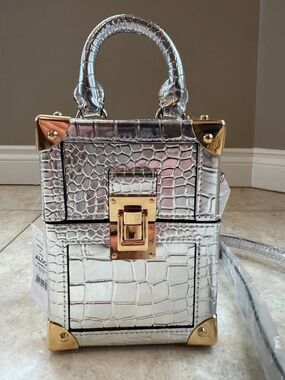 ALDO Metallic Silver Croc-Embossed Mini Box Bag with Gold Corners